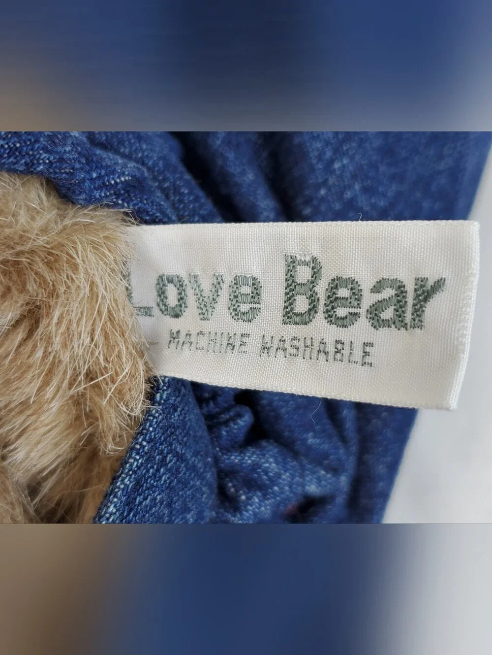 Russ Berrie VTG Love Bear Jean Denim Bib Overalls Caress Soft Plush Korea - GUC